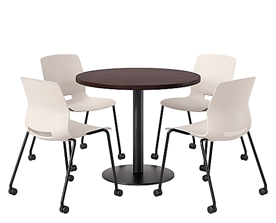 KFI Studios Proof Cafe Round Pedestal Table With Imme Caster Chairs, Includes 4 Chairs, 29”H x 36”W x 36”D, Cafelle Top/Black Base/Moonbeam Chairs