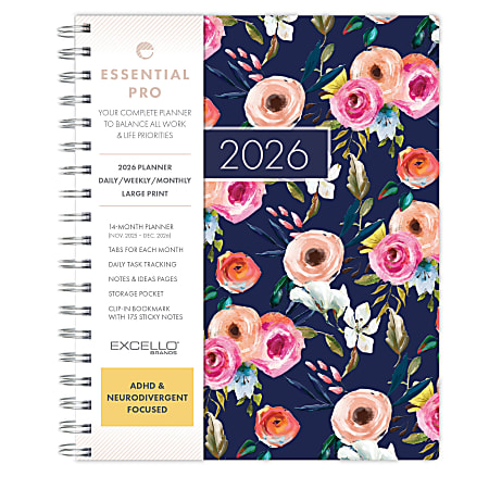 2026 Excello Brands Essential PRO Daily/Weekly/Monthly Planner, 8.5" x 11", Small Navy Floral November 2025 - December 2026, (ESPRO-CY26-79-84)