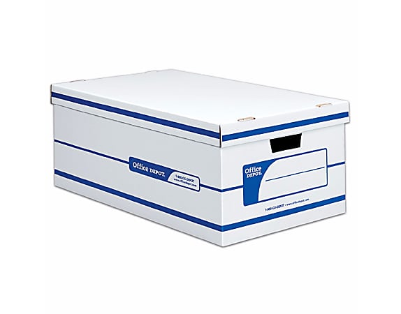 Office Depot® Brand Quick Set Up Standard-Duty Storage Boxes With Lift-Off Lids And Built-In Handles, Legal Size, 24" x 15" x 10", 60% Recycled, White/Blue, Case Of 12