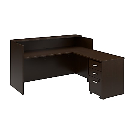 Bush Business Furniture Arrive 72"W L Shaped Reception Desk with Shelf and Mobile File Cabinet, Mocha Cherry, Standard Delivery