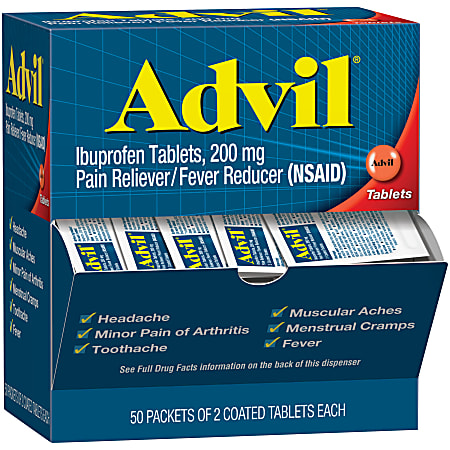 Advil Ibuprofen Packets, 2 Tablets Per Packet, Box Of 50 Packets