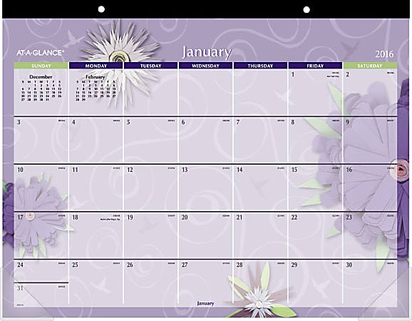 AT-A-GLANCE® Visual Organizer® 30% Recycled Desk Pad Calendar, 22" x 17", Multicolor Flowers, January–December 2016
