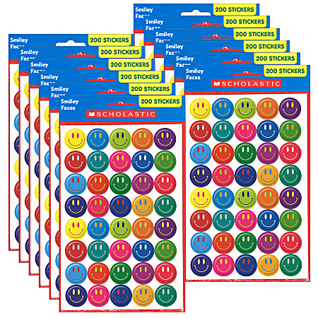 Scholastic Teacher Resources Stickers, Smiley Faces, 200 Stickers Per Pack, Set Of 12 Packs