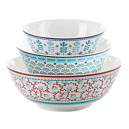 Gibson Home Village Vines 3-Piece Fine Ceramic Nesting Bowl Set, Assorted Colors