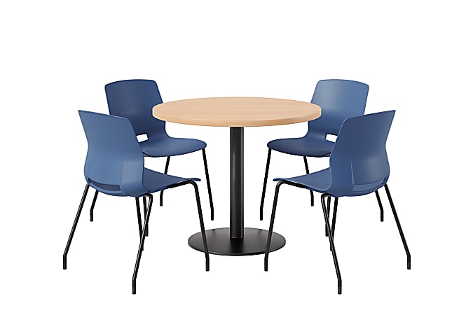 KFI Studios Midtown Pedestal Round Standard Height Table Set With Imme Armless Chairs, 31-3/4”H x 22”W x 19-3/4”D, Maple Top/Black Base/Navy Chairs
