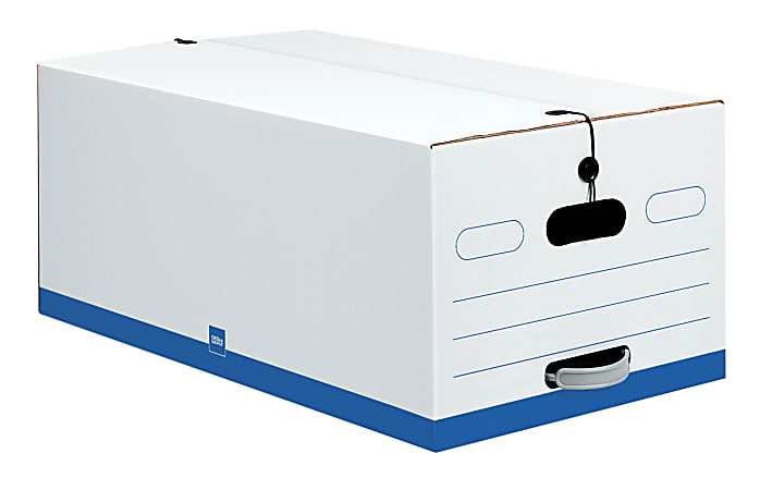 Office Depot® Brand Quick Set Up Standard-Duty Storage Boxes With String & Button Closures And Built-In Handles, Legal Size, 24" x 15" x 10", 60% Recycled, White/Blue, Pack Of 12