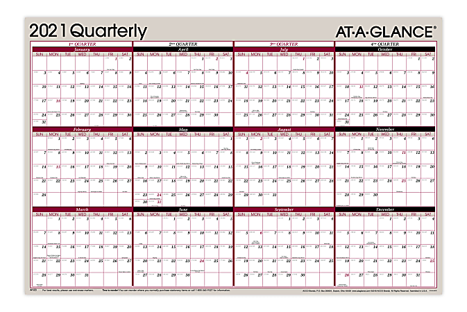 AT-A-GLANCE® Reversible Erasable Quarterly Wall Calendar, 36" x 24", Red/Black, January to December 2021, A123