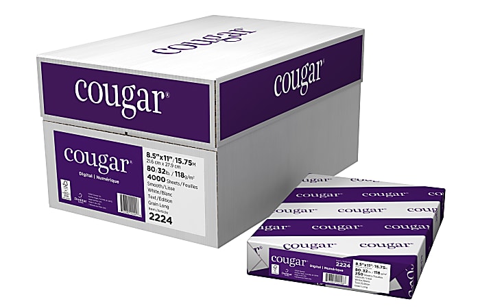Cougar® Digital Printing Paper, Letter Size (8 1/2" x 11"), 98 (U.S.) Brightness, 70 Lb Text (104 gsm), FSC® Certified, 500 Sheets Per Ream, Case Of 8 Reams