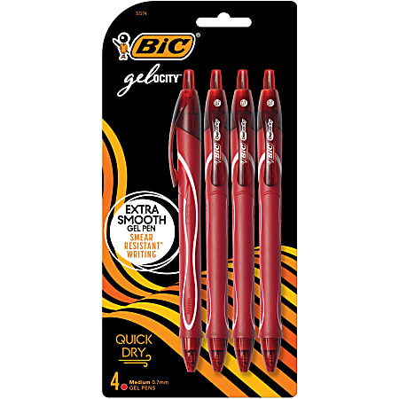 BIC Gel-ocity Quick-Dry Retractable Gel Pens, Medium Point, 0.7 mm, Red Barrel, Red Ink, Pack Of 4 Pens