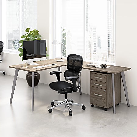WorkPro Motiva 60"W Modern L Shaped Office Desk With Rolling File Cabinet, Modern Hickory, Standard Delivery