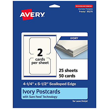 Avery® Printable Postcards With Sure Feed® Technology, 95278-MIC25, Rectangle Scalloped, 4.25" x 5.5", Matte Ivory, Pack Of 50