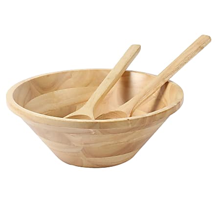 Martha Stewart Coban 3-Piece Rubberwood Salad Bowl And Servers Set, Light Brown