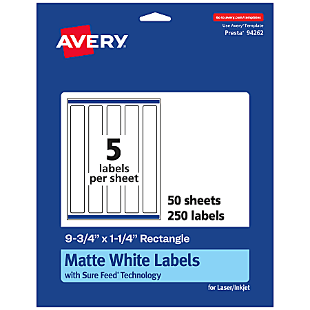 Avery® Permanent Labels With Sure Feed®, 94262-WMP50, Rectangle, 9-3/4" x 1-1/4", White, Pack Of 250