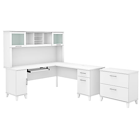 Bush Furniture Somerset 72"W L-Shaped Desk With Hutch And Lateral File Cabinet, White, Standard Delivery