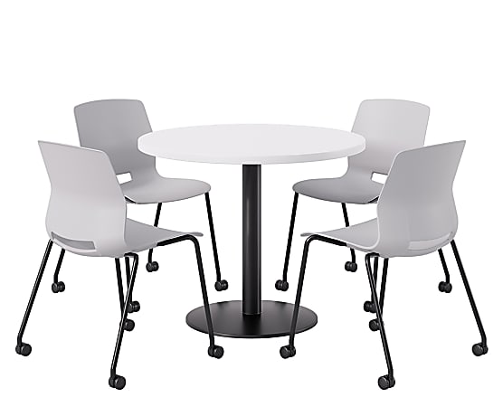 KFI Studios Proof Cafe Round Pedestal Table With Imme Caster Chairs, Includes 4 Chairs, 29”H x 36”W x 36”D, Designer White Top/Black Base/Light Gray Chairs