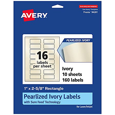 Avery® Pearlized Permanent Labels With Sure Feed®, 94201-PIP10, Rectangle, 1" x 2-5/8", Ivory, Pack Of 160 Labels