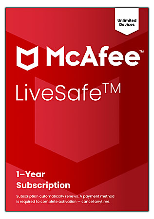 McAfee® LiveSafe Antivirus & Internet Security Software, For Unlimited Devices, 1-Year Subscription with Auto-Renewal, For Windows, macOS, Android, iOS, ChromeOS, Product Key, MLS41EODURAAM