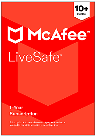 McAfee&reg; LiveSafe Antivirus &amp; Internet Security Software, Unlimited Devices, 1-Year Subscription, Auto-Renewal, Product Key, MLS41EODURAAM