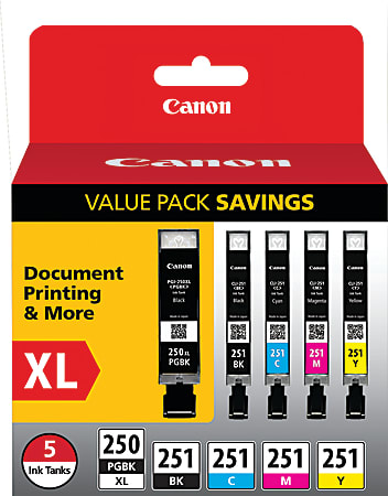 Canon PGI250XL Black; CLI-251 Black; Cyan; Magenta; Yellow High-Yield/Standard Yield Ink Tanks, Pack Of 5, 6432B011