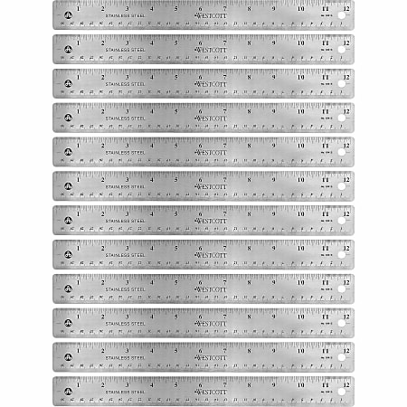 Westcott® Stainless Steel Rulers, 12" L x 1" W, Stainless Steel, Pack Of 12