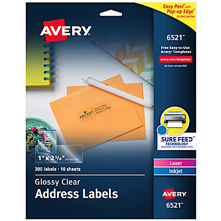 Avery® Glossy Permanent Labels, 6521, Mailing, 1" x 2 5/8", Clear, Pack Of 300