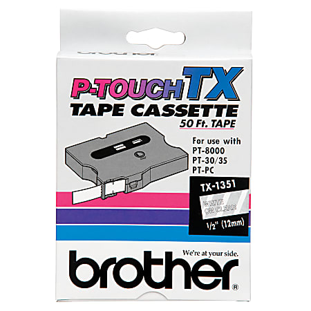 Brother® TX-1351 White-On-Clear Tape, 0.5" x 50'