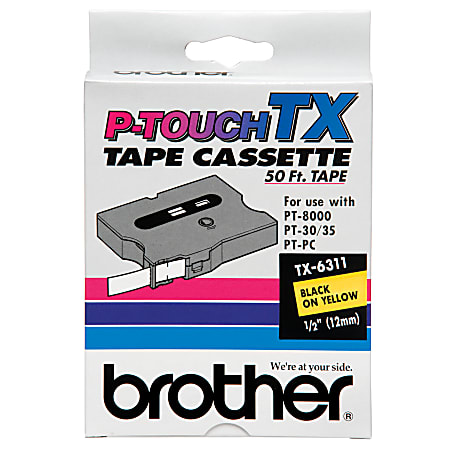 Brother® TX-6311 Black-On-Yellow Tape, 0.5" x 50'