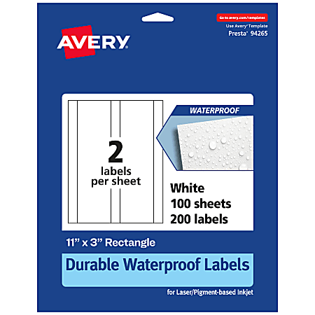 Avery® Waterproof Permanent Labels, 94265-WMF100, Rectangle, 11" x 3", White, Pack Of 200