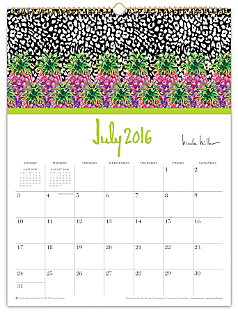 Nicole Miller Wire-O Monthly Wall Calendar, 9" x 12", Pineapple, July 2016 to June 2017