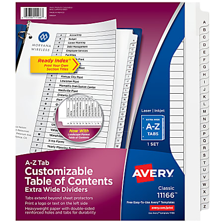 Avery® Extra-Wide A-Z Tab With Customizable Table of Contents Dividers For 3 Ring Binders, 9-1/4" x 11", 26 Tab, White, 1 Set