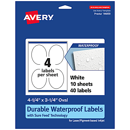 Avery® Waterproof Permanent Labels With Sure Feed®, 94059-WMF10, Oval, 4-1/4" x 3-1/4", White, Pack Of 40