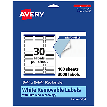 Avery® Removable Labels With Sure Feed®, 94216-RMP100, Rectangle, 3/4" x 2-1/4", White, Pack Of 3,000 Labels