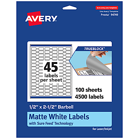 Avery® TrueBlock® Labels With Sure Feed®, 94749-TWMP100, Barbell, 1/2" x 2-1/2", Matte White, Pack Of 4500