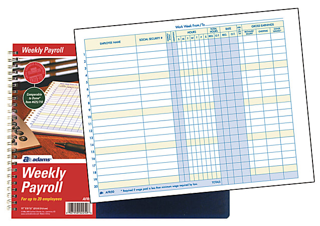 Adams® Weekly Payroll Book, 8 1/2&quot; x 11&quot;,