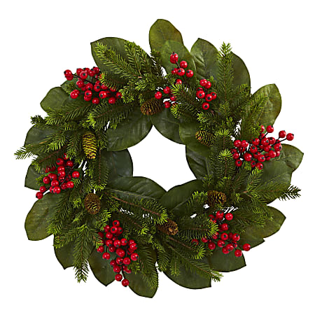 Nearly Natural 24”H Magnolia Leaf, Berry And Pine Artificial Wreath, 24” x 24”, Green