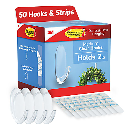 Clear Hooks and Strips, Medium, Plastic, 2 lb Capacity, 50 Hooks with 50 Adhesive Strips/Carton