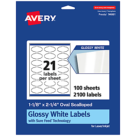 Avery® Glossy Permanent Labels With Sure Feed®, 94061-WGP100, Oval Scalloped, 1-1/8" x 2-1/4", White, Pack Of 2,100