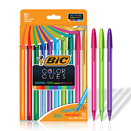 BIC Color Cues Pen Set, 10-Count Pack, Assorted Colors, Fun Color Pens for School Supplies, Includes BIC Cristal Xtra Smooth Ballpoint Pens