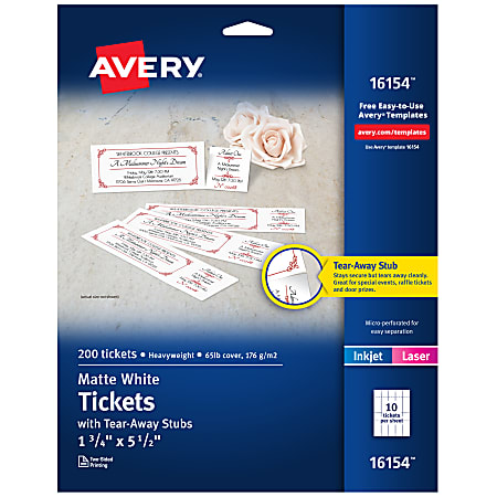 Avery® Printable Tickets, 1 3/4" x 5 1/2", White, Pack Of 200 Tickets