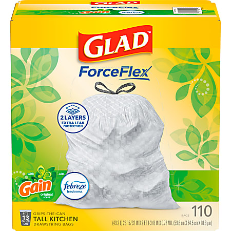 Glad ForceFlex Tall Kitchen Drawstring Trash Bags, 0.72 mil, 13 Gallon, Gain Original with Febreze Freshness, 110 Count