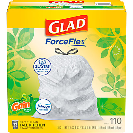 Glad ForceFlex Tall Kitchen Drawstring Trash Bags, 13 Gallon, Gain Original with Febreze Freshness, 110 Count