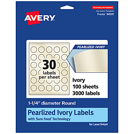 Avery® Pearlized Permanent Labels With Sure Feed®, 94505-PIP100, Round, 1-1/4" Diameter, Ivory, Pack Of 3,000 Labels