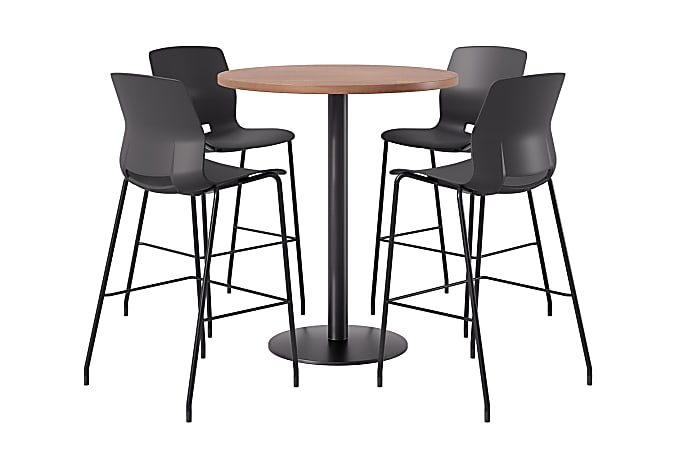 KFI Studios Proof Bistro Round Pedestal Table With Imme Barstools, 4 Barstools, River Cherry/Black/Black Stools