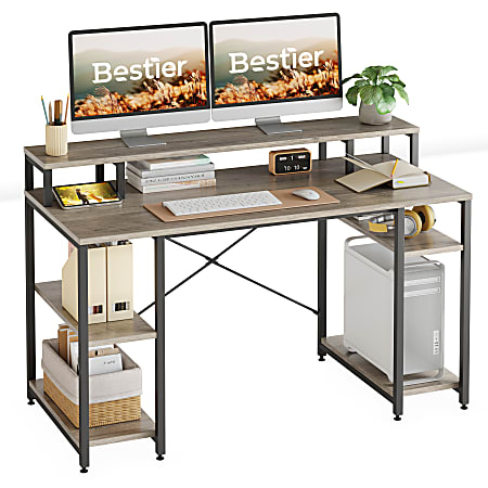 Bestier 56"W Student Desk With Monitor Stand & Storage Shelf, Gray Wash