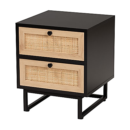 Baxton Studio Declan Mid-Century Modern Wood And Rattan 2-Drawer End Table, 18-3/4”H x 15-3/4”W x 15-3/4”D, Espresso Brown/Natural