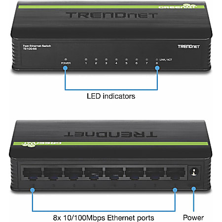 TRENDnet 8-Port Unmanaged 10/100 Mbps GREENnet Ethernet Desktop Switch; TE100-S8; 8x 10/100 Mbps Ethernet Ports; 1.6 Gbps Switching Capacity