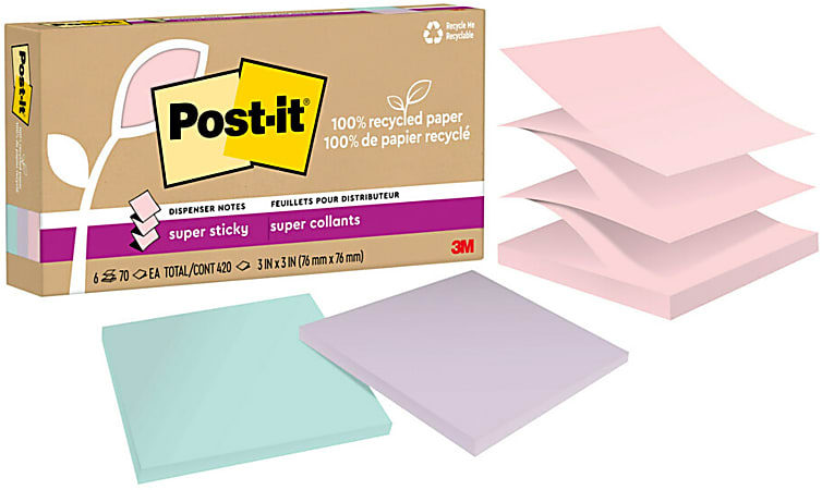 Post-it 100% Recycled Paper Super Sticky Pop-Up Notes, 420 Total Notes, Pack Of 6 Pads, 3” x 3”, Wanderlust Pastels, 70 Notes Per Pad