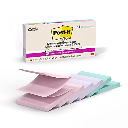 Post-it&reg; Super Sticky 100% Recycled Paper Notes, 3 x 3 in, 6 Sticky Note Pads, 70 Sheets/Pad, School Supplies and Office Products, Wanderlust Pastels