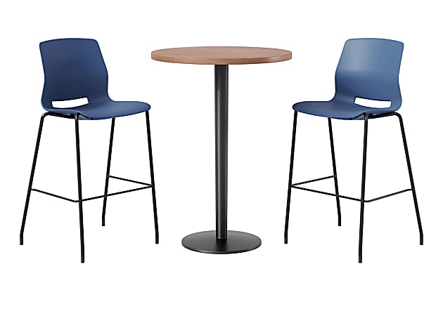 KFI Studios Proof Bistro Round Pedestal Table With Imme Barstools, 2 Barstools, River Cherry/Black/Navy Stools