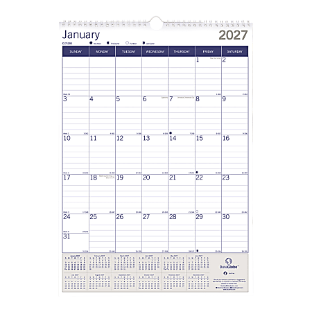 2027 Blueline DuraGlobe™ Monthly Wall Calendar, 12" x 17", Blue/White, January To December, C171203, Total Qty 1